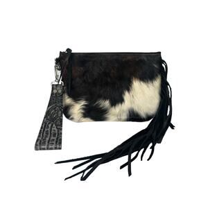 Handmade Cowhide Leather Fringe Wristlet Clutch Black White Hair-On Bag